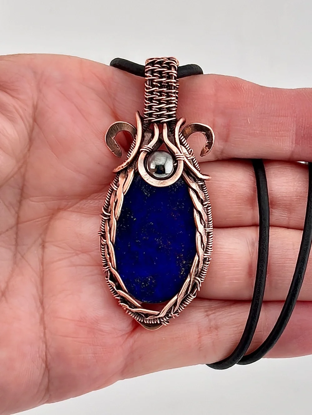 HANDMADE Lapis Lazuli Hematite Copper Wire Wrapped Masculine Pendant Necklace